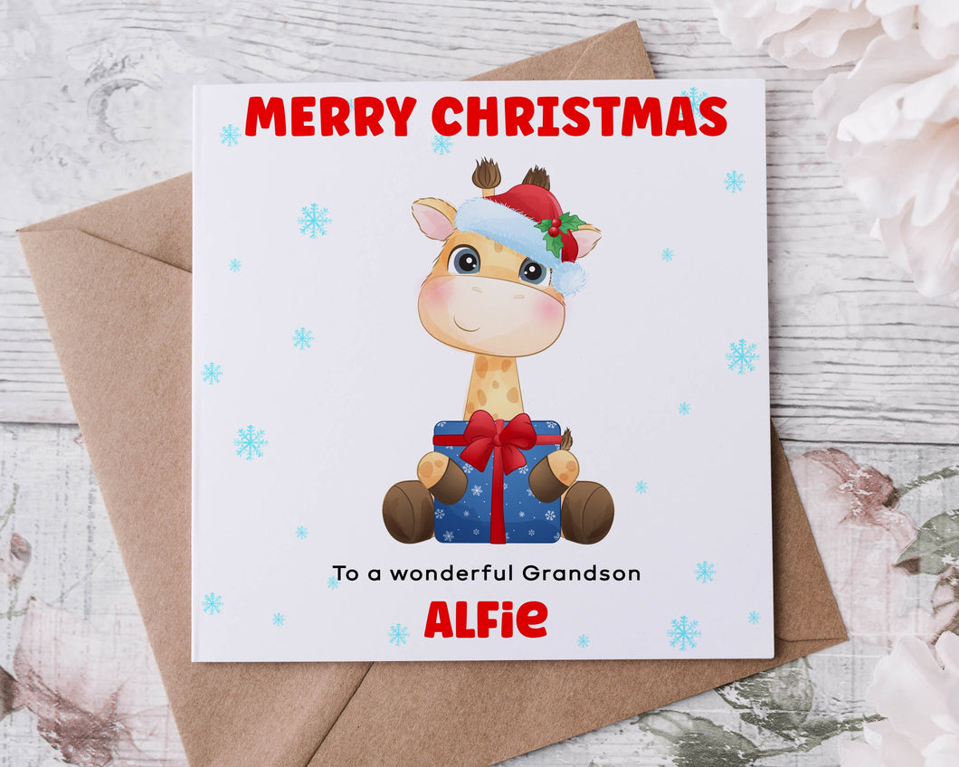 Personalised Christmas Card for Grandson, Giraffe with Gift & Hat, Card for Him, Merry Christmas Greeting Card
