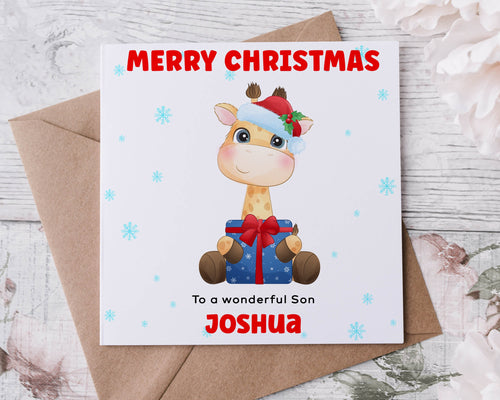Personalised Christmas Card for Son, Giraffe with Gift & Hat, Card for Him, Merry Christmas Greeting Card