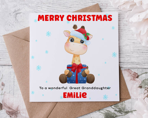 Personalised Christmas Card for Great Granddaughter Giraffe with Gift & Hat, Card for Her, Merry Christmas Greeting Card