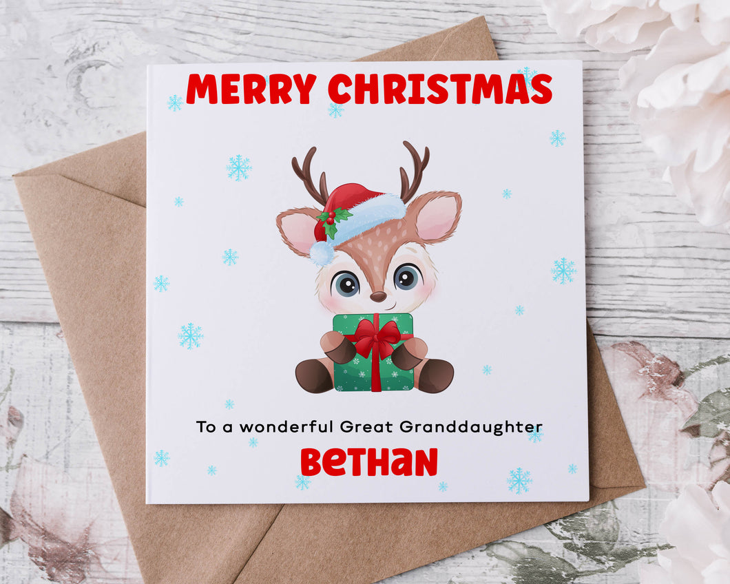 Personalised Christmas Card for Great Granddaughter Reindeer with Gift & Hat, Card for Her, Merry Christmas Greeting Card