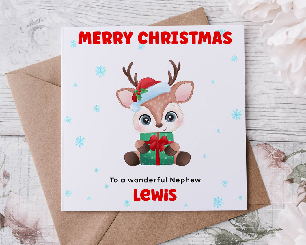 Personalised Christmas Card for Nephew,  Reindeer with Gift & Hat, Card for Him, Merry Christmas Greeting Card