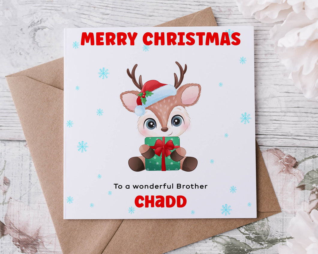 Personalised Christmas Card for Brother,  Reindeer with Gift & Hat, Card for Him, Merry Christmas Greeting Card