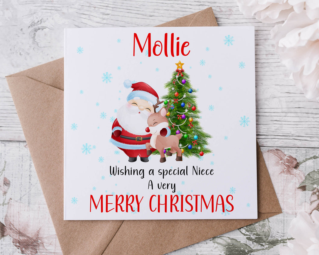 Personalised Christmas Card for Niece, Santa with Reindeer and Christmas Tree, Card for Her, Merry Christmas Greeting Card