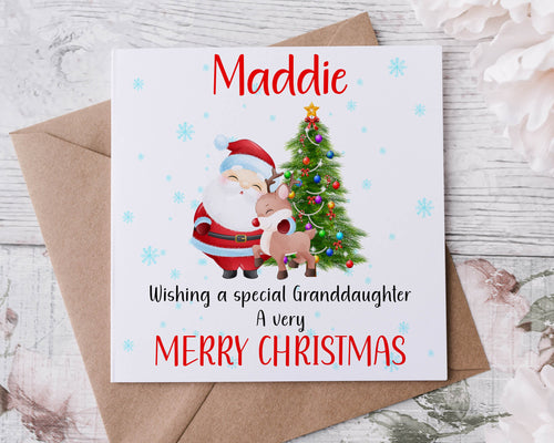 Personalised Christmas Card for Special Granddaughter, Santa with Reindeer and Christmas Tree, Card for Her, Merry Christmas Greeting Card