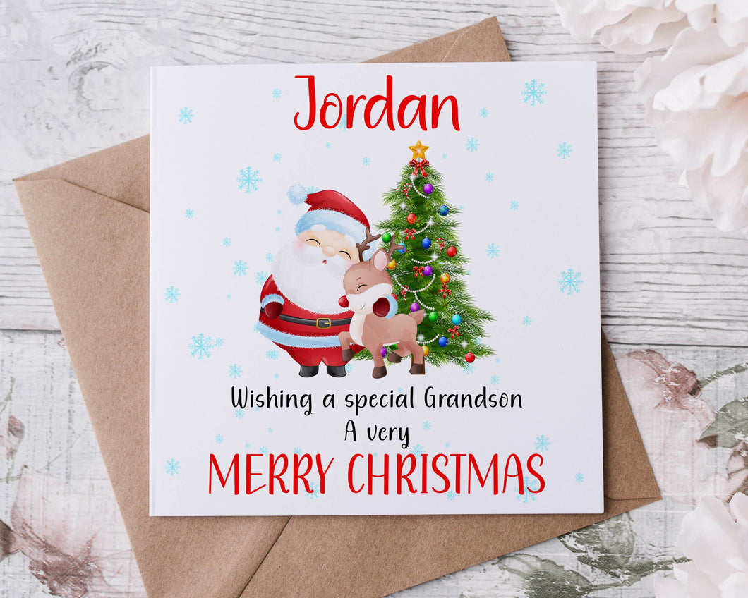 Personalised Christmas Card for Special Grandson, Santa with Reindeer and Christmas Tree, Card for Him, Merry Christmas Greeting Card