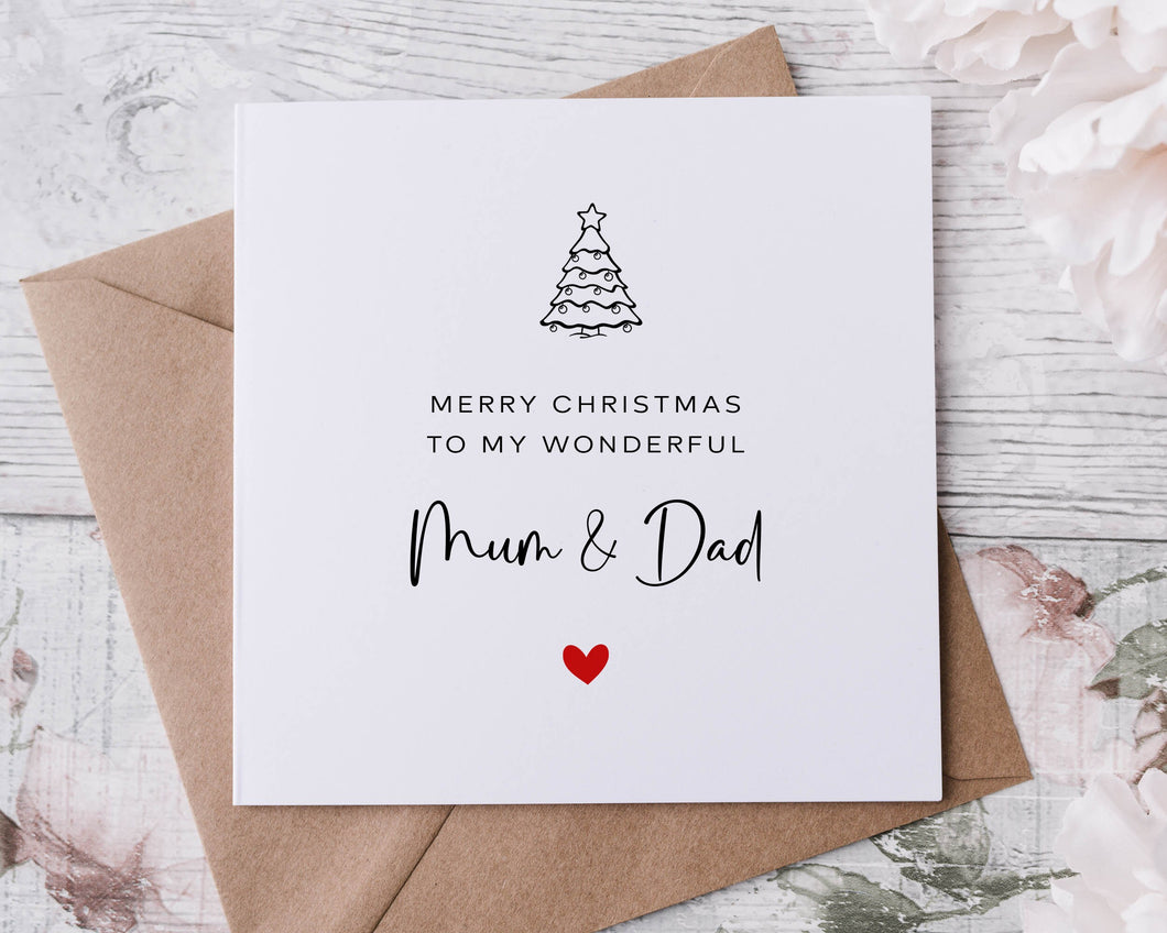 Christmas Card for Mum and Dad, with Christmas Tree, Merry Christmas Personalised Greeting Card