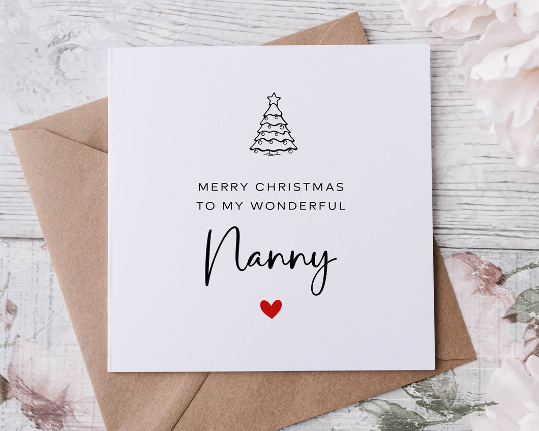 Christmas Card for Nanny, with Christmas Tree, Merry Christmas Personalised Greeting Card