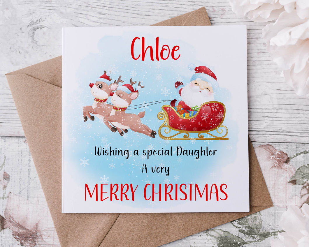 Personalised Christmas Card for Daughter, Santa and Sleigh, Card for Her, Merry Christmas Greeting Card Personalised Name