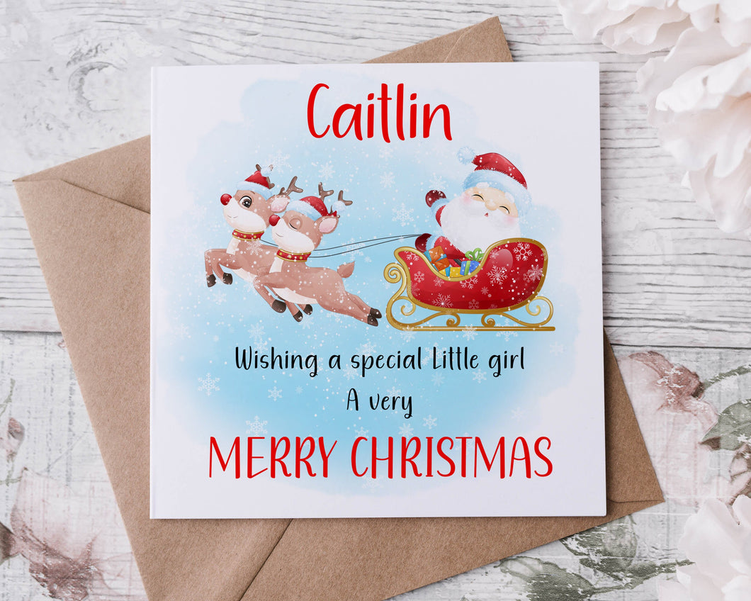Personalised Christmas Card for Special Little Girl, Santa and Sleigh, Card for Her, Merry Christmas Greeting Card Personalised Name