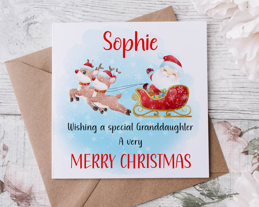 Personalised Christmas Card for Granddaughter, Santa and Sleigh, Card for Her, Merry Christmas Greeting Card Personalised Name