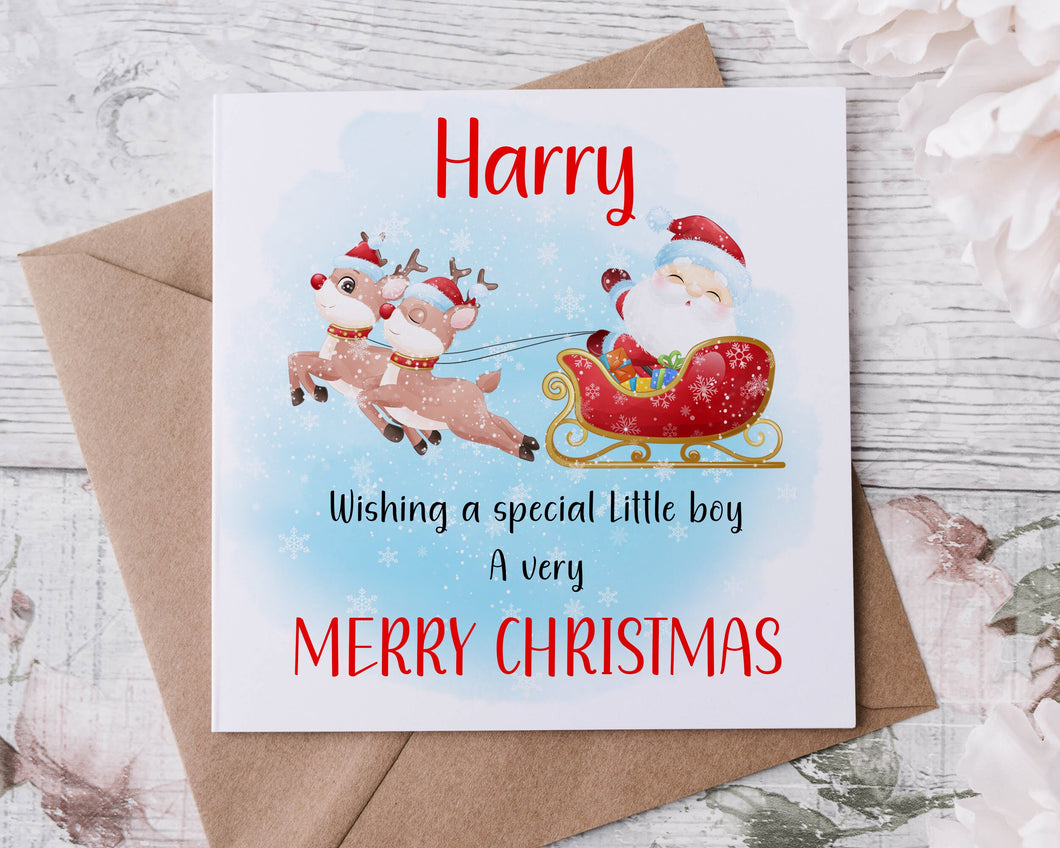 Personalised Christmas Card for Special Little Boy, Santa and Sleigh, Card for Him, Merry Christmas Greeting Card Personalised Name
