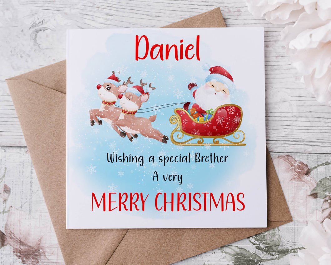 Personalised Christmas Card for Brother, Santa and Sleigh, Card for Him, Merry Christmas Greeting Card Personalised Name
