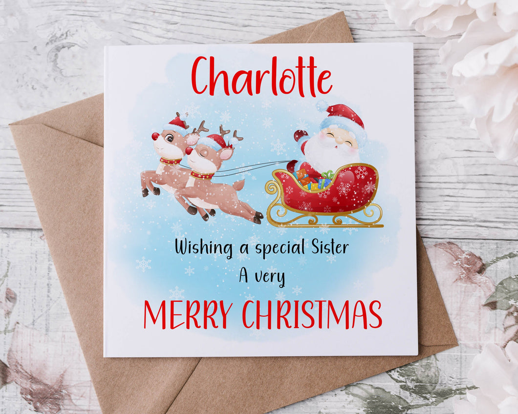Personalised Christmas Card for Sister, Santa and Sleigh, Card for Her, Merry Christmas Greeting Card Personalised Name