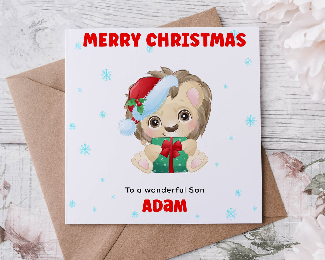 Personalised Lion Christmas Card for Son, Card for Him, Merry Christmas Greeting Card Personalised Name