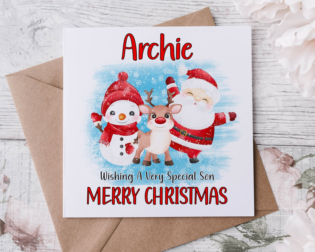 Personalised Christmas Card for Son with Santa and Reindeer, Card for Him Merry Christmas Greeting Card Personalised Name