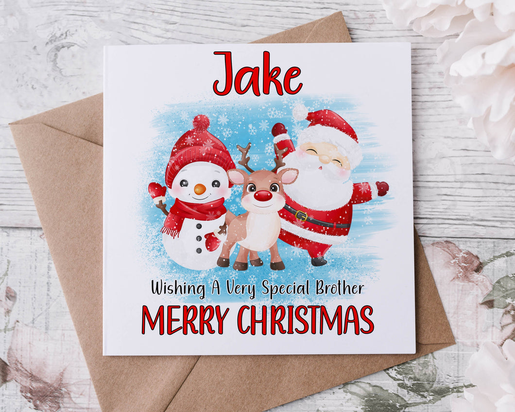 Personalised Christmas Card for Brother, with Santa and Reindeer, Card for Him Merry Christmas Greeting Card Personalised Name