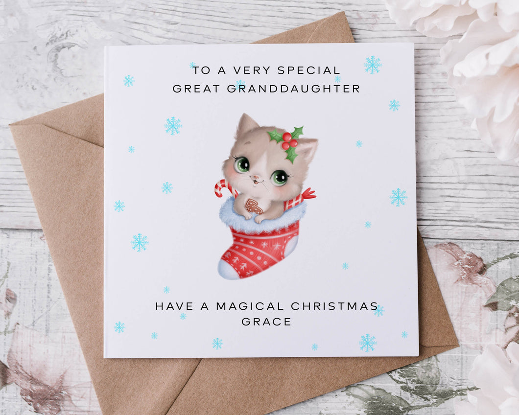 Personalised Christmas Card for Great Granddaughter, Cat in Stocking Card for Her, Merry Christmas Greeting Card