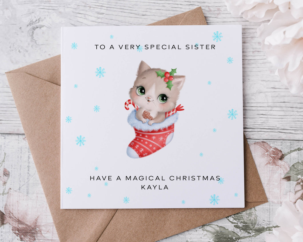 Personalised Christmas Card for Sister Cat in Stocking Card for Her, Merry Christmas Greeting Card