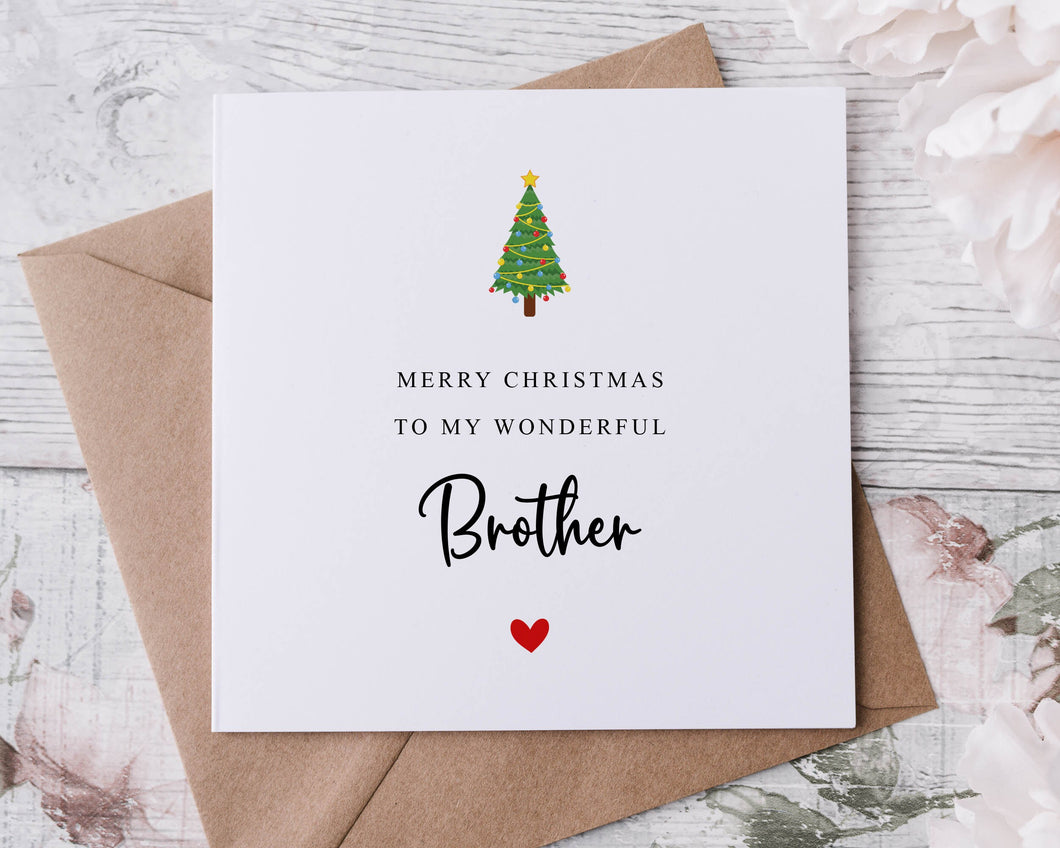 Christmas Card for Brother, with Christmas Tree Card for Her/Him, Merry Christmas Personalised Greeting Card