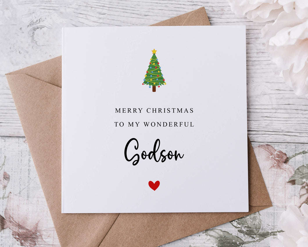 Christmas Card for Godson, with Christmas Tree Card for Her/Him, Merry Christmas Personalised Greeting Card