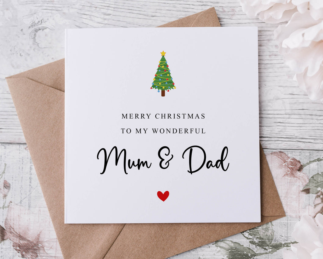 Christmas Card for Mum and Dad, with Christmas Tree Card for Her, Merry Christmas Personalised Greeting Card