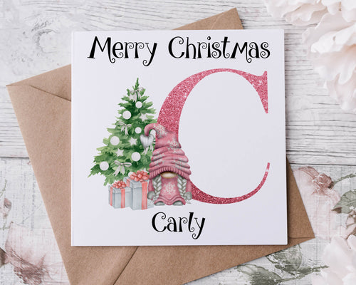 Personalised Christmas Card Pink Gonk/Gnome Initial and Name for Her/Him, Merry Christmas Personalised Greeting Card
