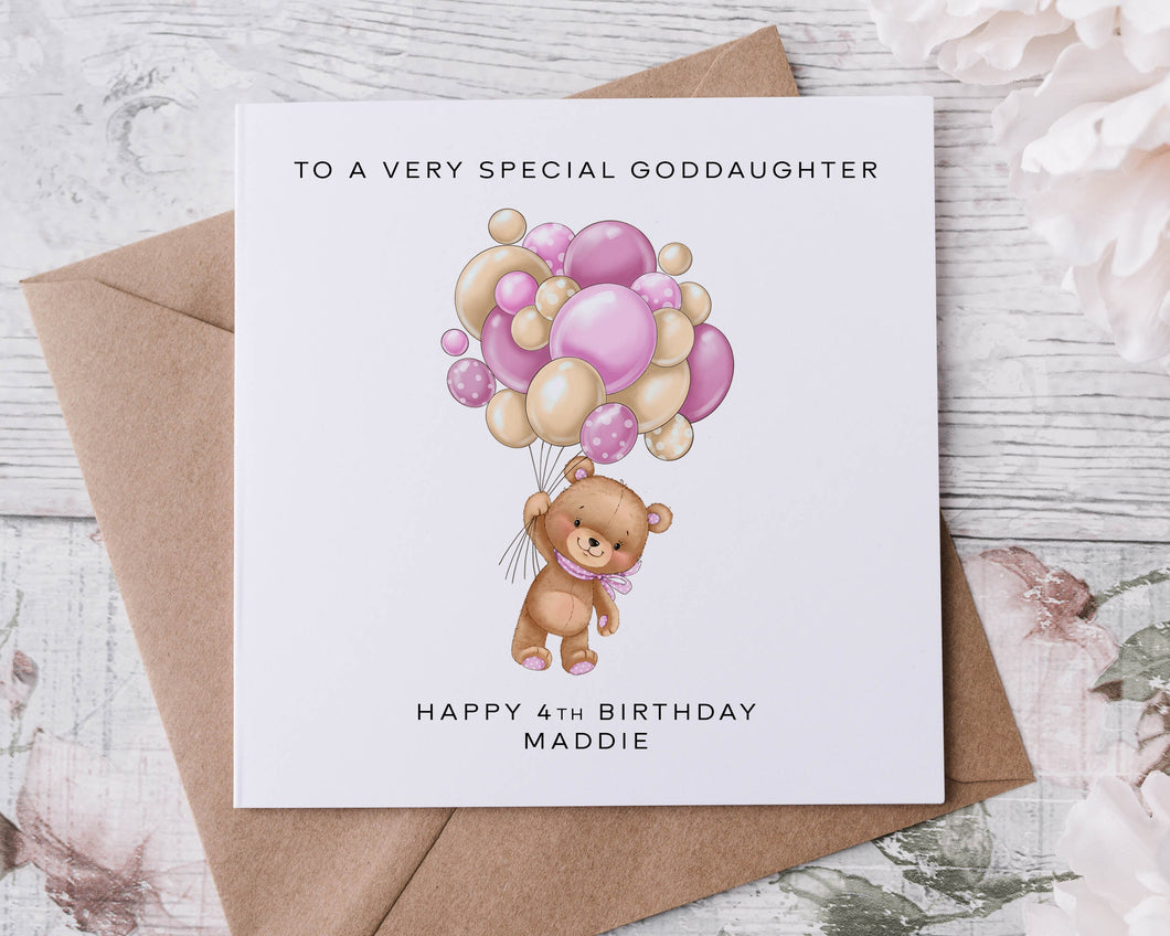 Personalised Goddaughter Birthday Card Teddy Bear and Pink Balloons Name & Age Card for her