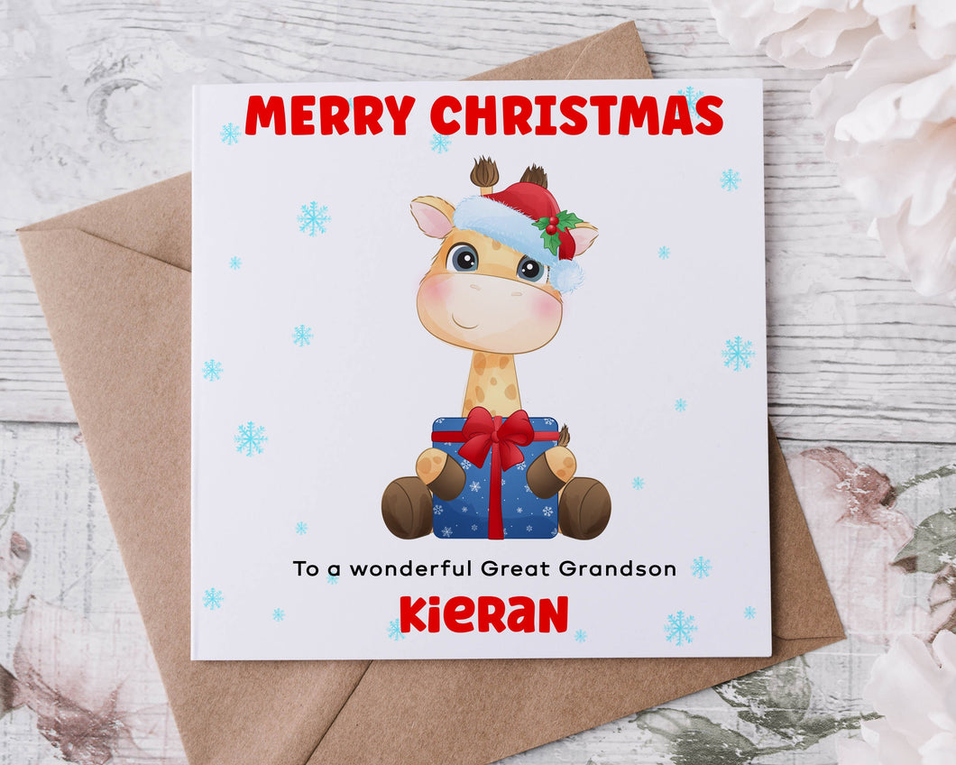 Personalised Christmas Card for Great Grandson, Giraffe with Gift & Hat, Card for Him, Merry Christmas Greeting Card