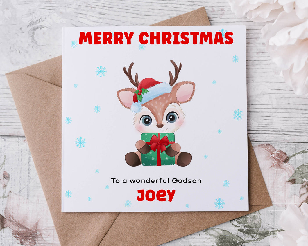 Personalised Christmas Card for Godson,  Reindeer with Gift & Hat, Card for Him, Merry Christmas Greeting Card