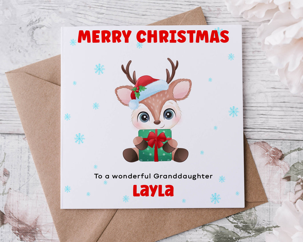 Personalised Christmas Card for Granddaughter,  Reindeer with Gift & Hat, Card for Her, Merry Christmas Greeting Card