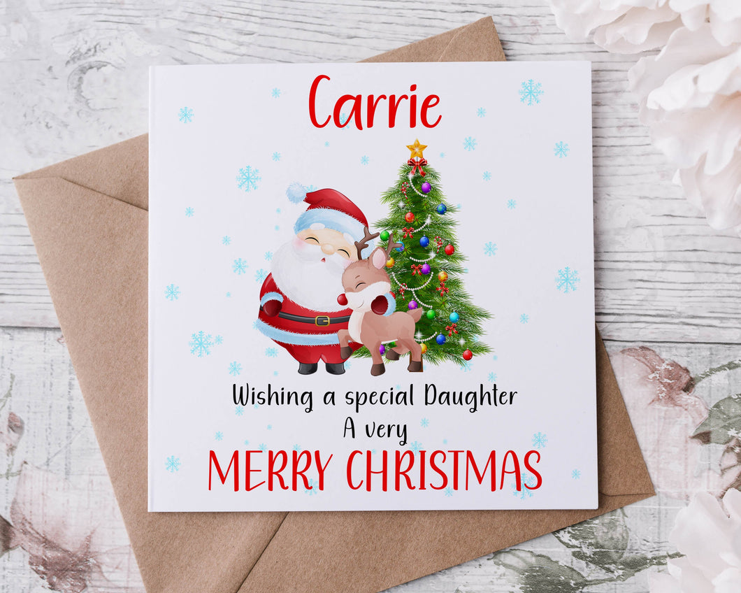Personalised Christmas Card for Daughter, Santa with Reindeer and Christmas Tree, Card for Her, Merry Christmas Greeting Card