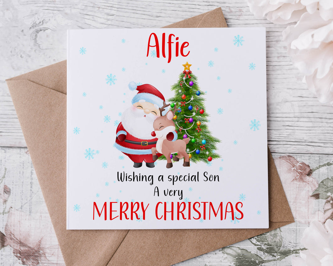 Personalised Christmas Card for Special Son, Santa with Reindeer and Christmas Tree, Card for Him, Merry Christmas Greeting Card