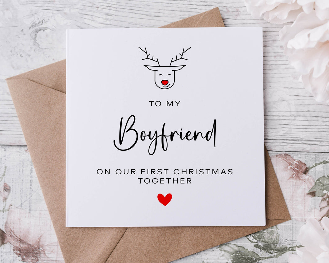 Christmas Card for Boyfriend, On Our Frist Christmas Together, Reindeer, Merry Christmas Personalised Greeting Card