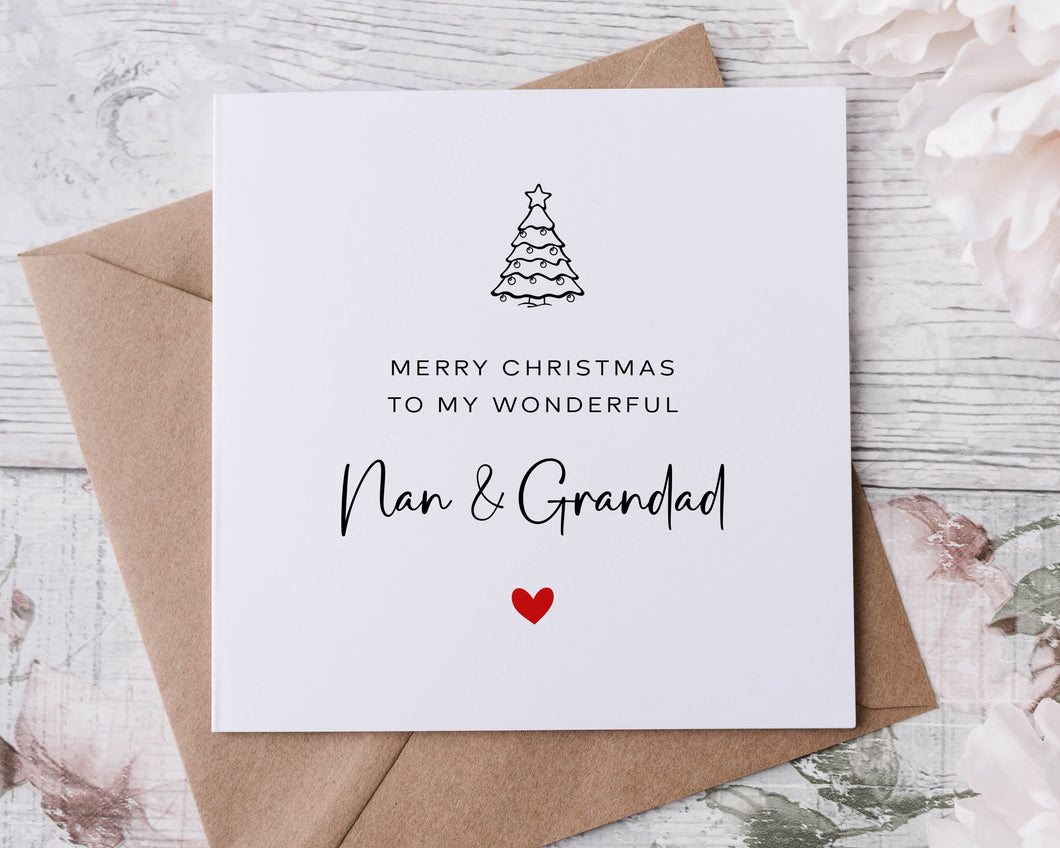 Christmas Card for Nan and Grandad, with Christmas Tree, Merry Christmas Personalised Greeting Card