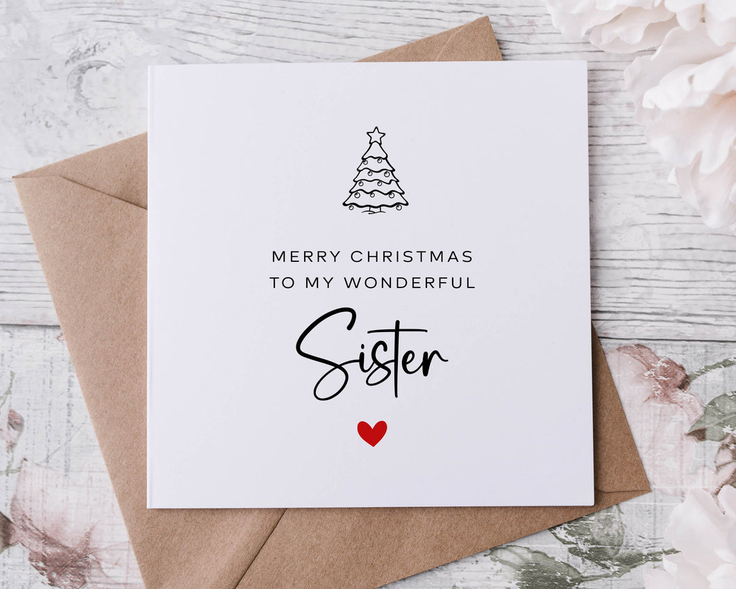 Christmas Card for Sister, with Christmas Tree, Merry Christmas Personalised Greeting Card