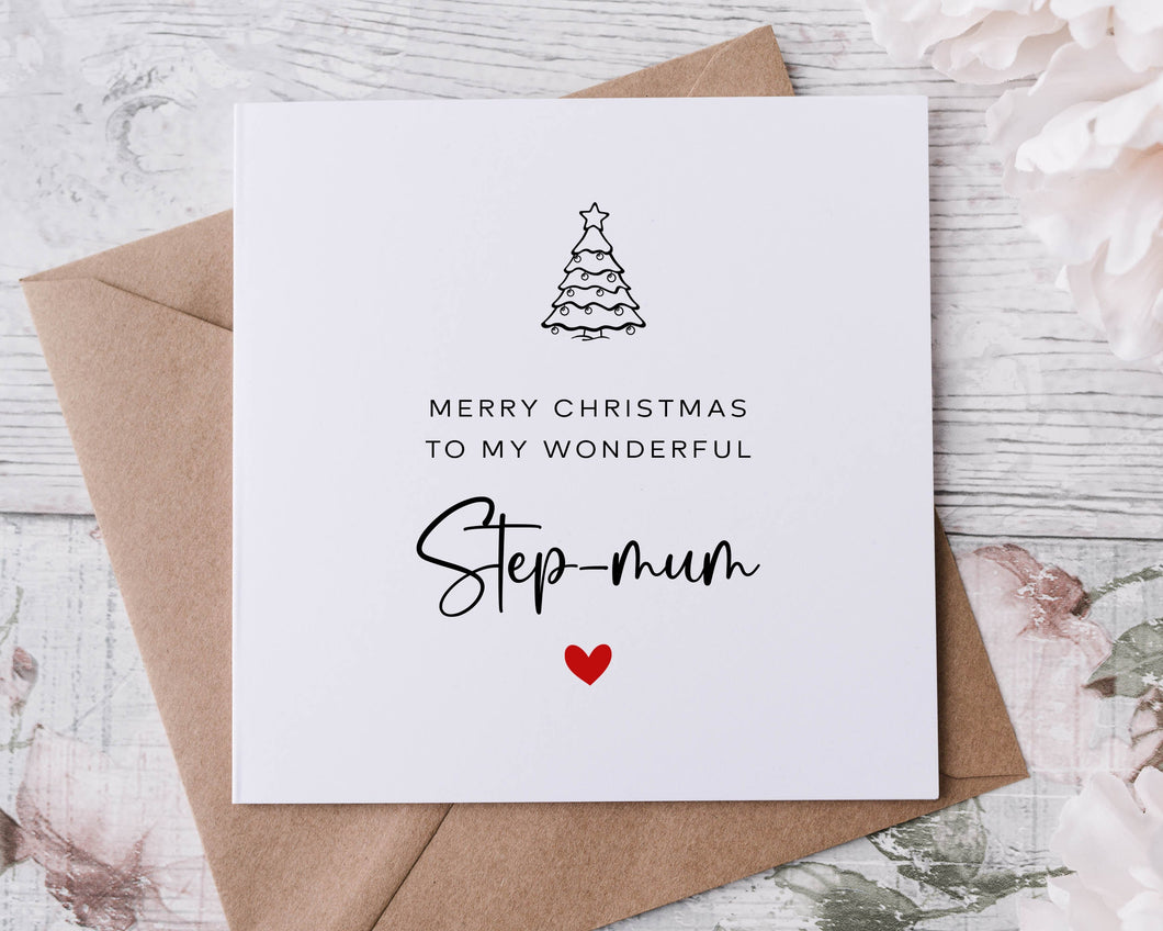 Christmas Card for Step-mum, with Christmas Tree, Merry Christmas Personalised Greeting Card