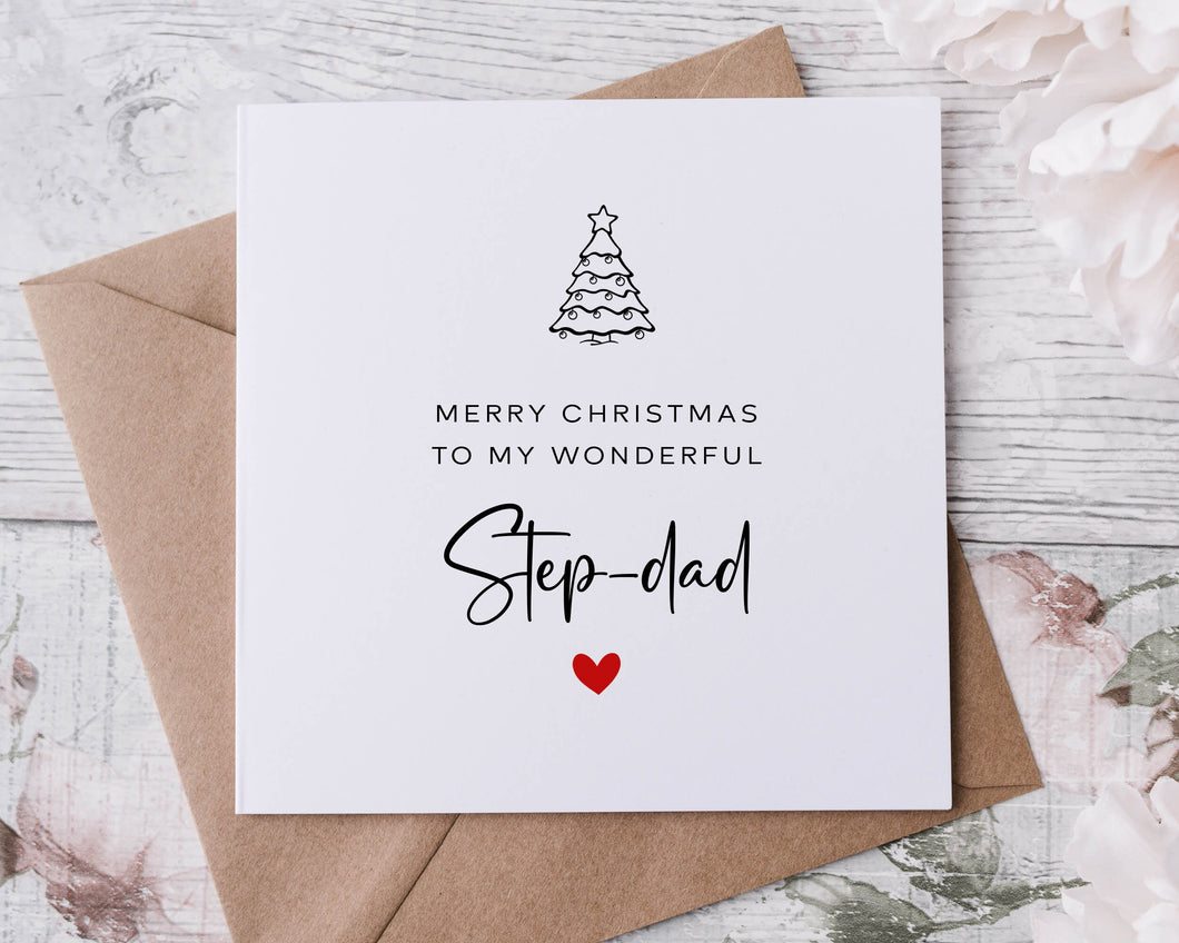 Christmas Card for Step-dad, with Christmas Tree, Merry Christmas Personalised Greeting Card