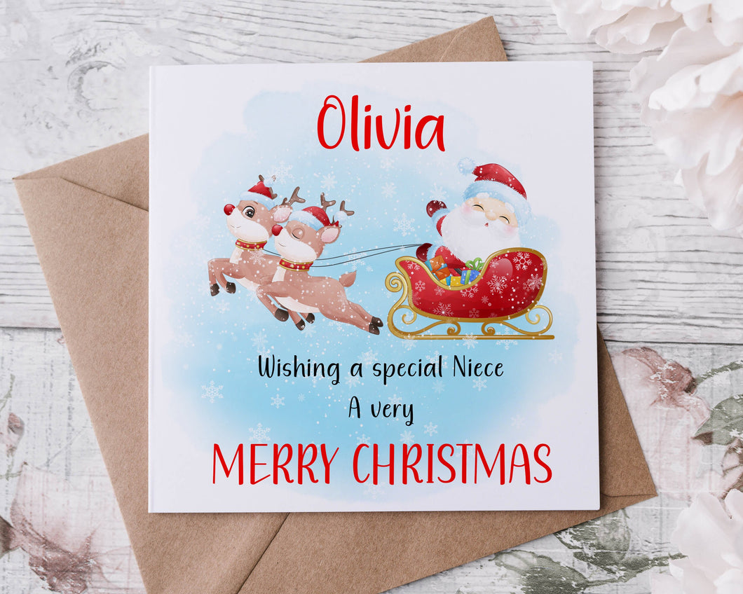 Personalised Christmas Card for Niece, Santa and Sleigh, Card for Her, Merry Christmas Greeting Card Personalised Name