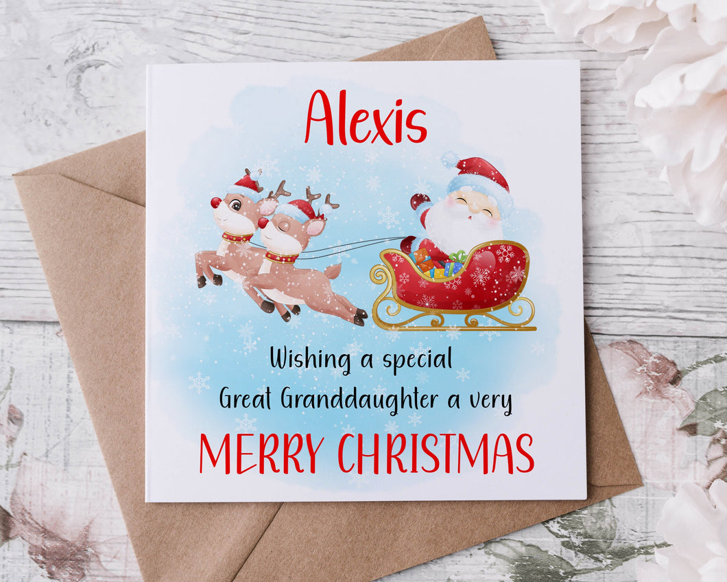 Personalised Christmas Card for Great Granddaughter, Santa and Sleigh, Card for Her, Merry Christmas Greeting Card Personalised Name
