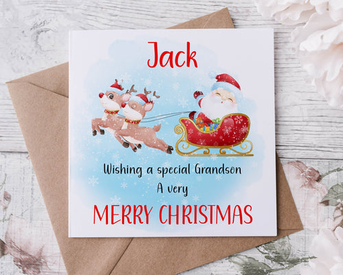 Personalised Christmas Card for Grandson, Santa and Sleigh, Card for Him, Merry Christmas Greeting Card Personalised Name