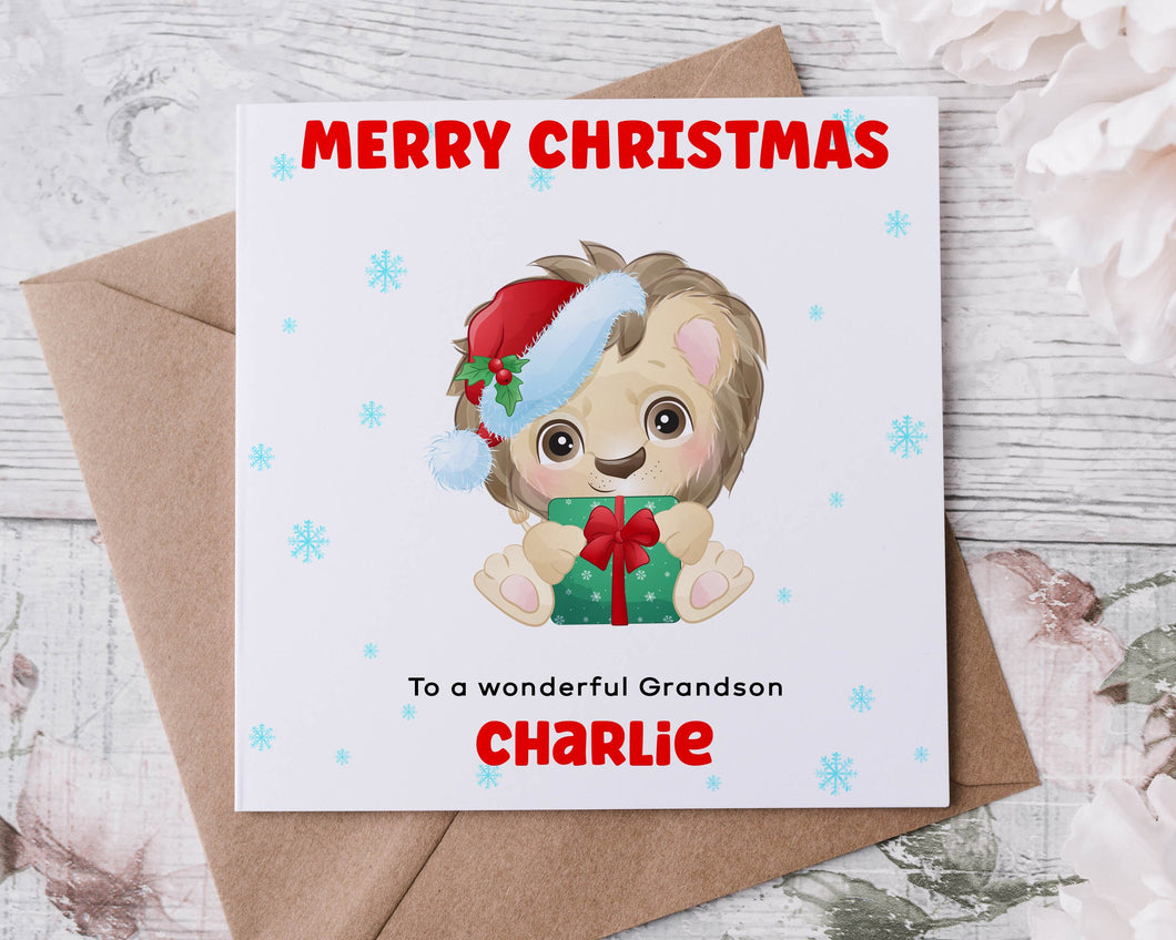 Personalised Lion Christmas Card for Grandson, Card for Him, Merry Christmas Greeting Card Personalised Name