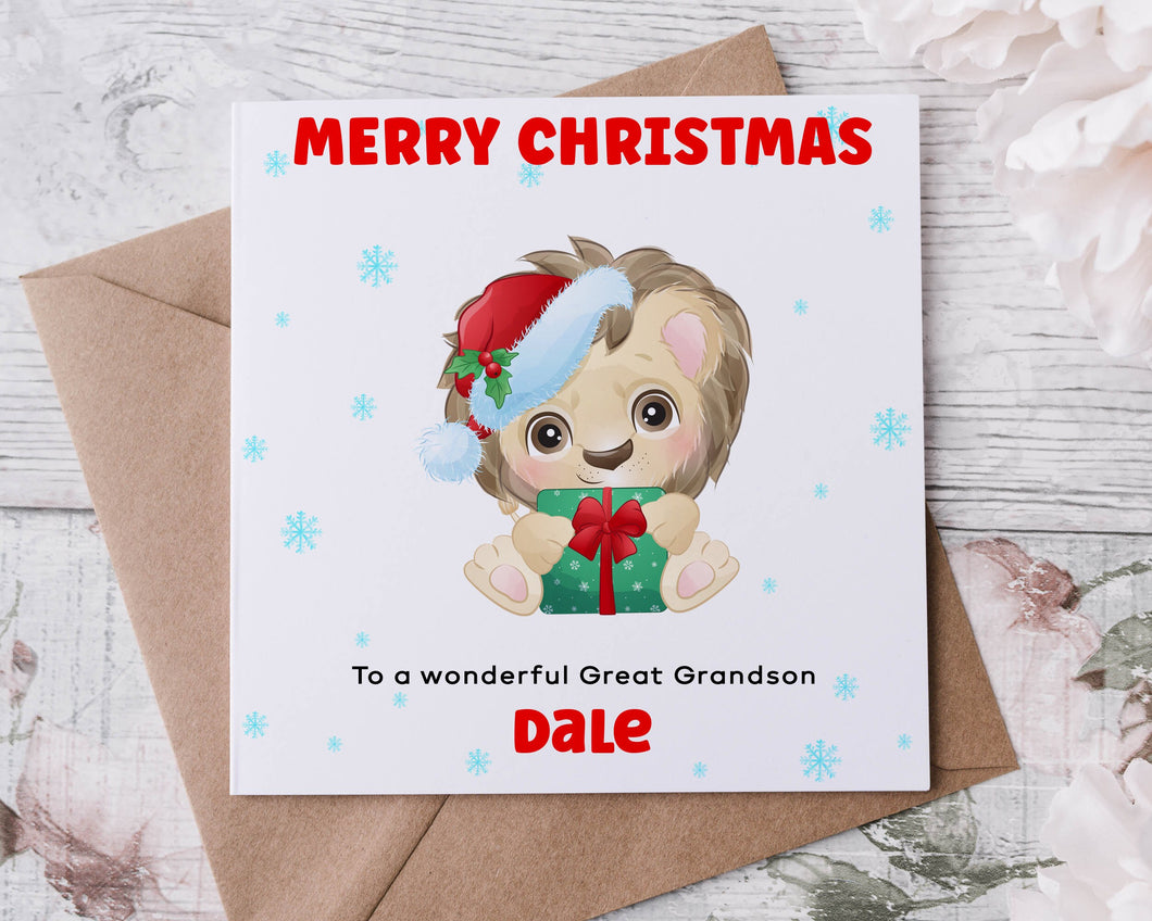 Personalised Lion Christmas Card for Great Grandson, Card for Him, Merry Christmas Greeting Card Personalised Name