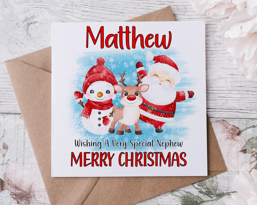 Personalised Christmas Card for Nephew, with Santa and Reindeer, Card for Him Merry Christmas Greeting Card Personalised Name