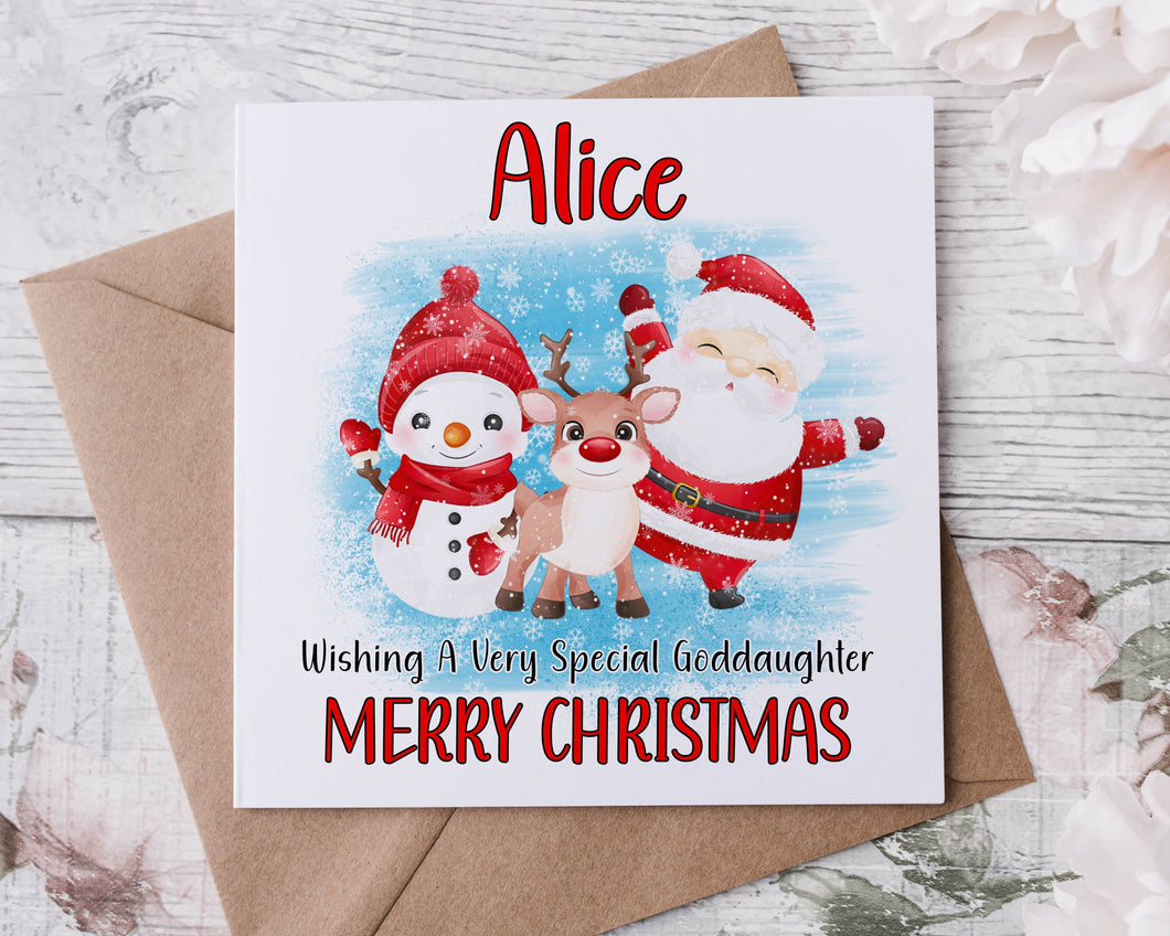 Personalised Christmas Card for Goddaughter, with Santa and Reindeer, Card for Her Merry Christmas Greeting Card Personalised Name