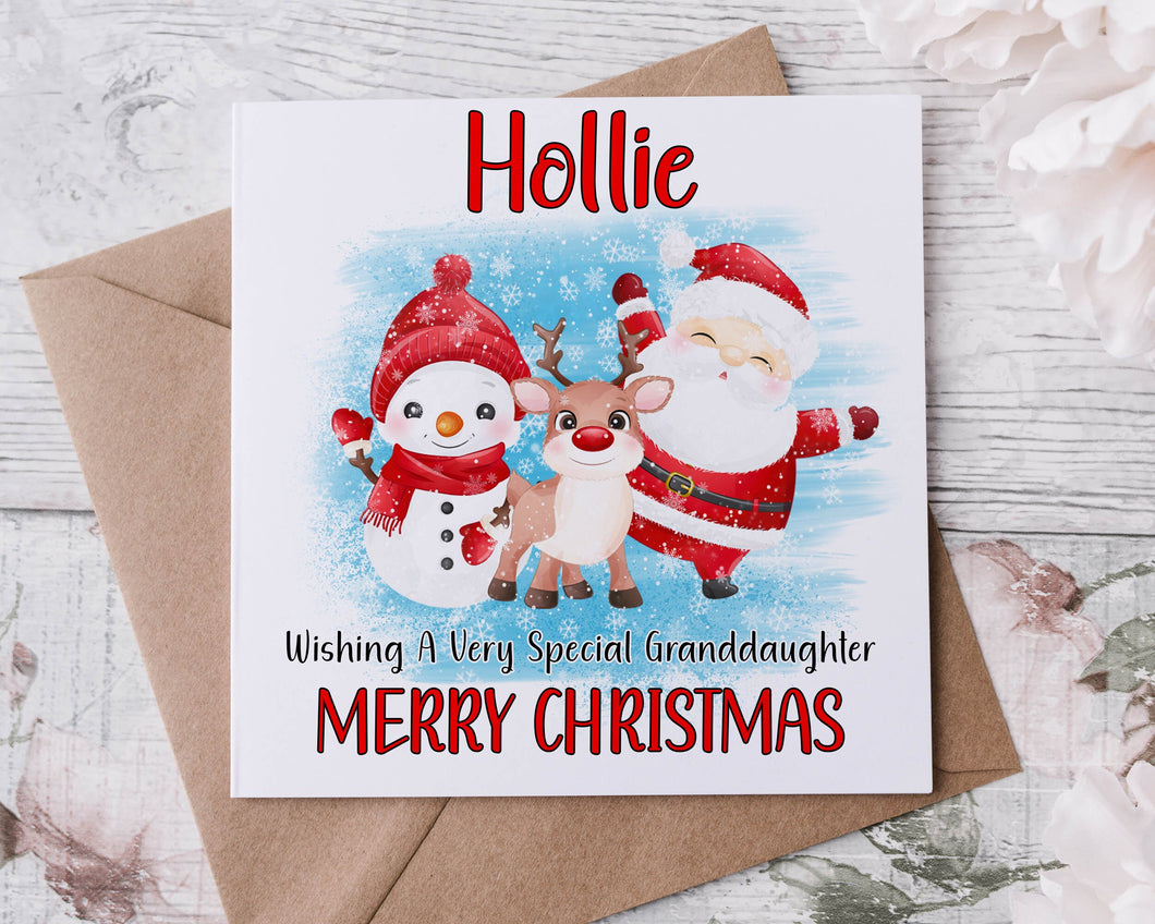 Personalised Christmas Card for Granddaughter, with Santa and Reindeer, Card for Her Merry Christmas Greeting Card Personalised Name