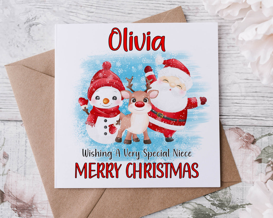 Personalised Christmas Card for Niece, with Santa and Reindeer, Card for Her Merry Christmas Greeting Card Personalised Name