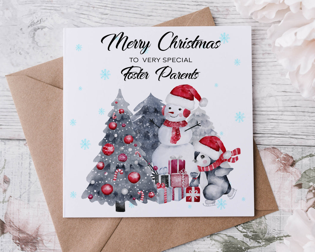 Christmas Card for Foster Parents, with Christmas Tree, Snowman and Penguin Merry Christmas Greeting Card