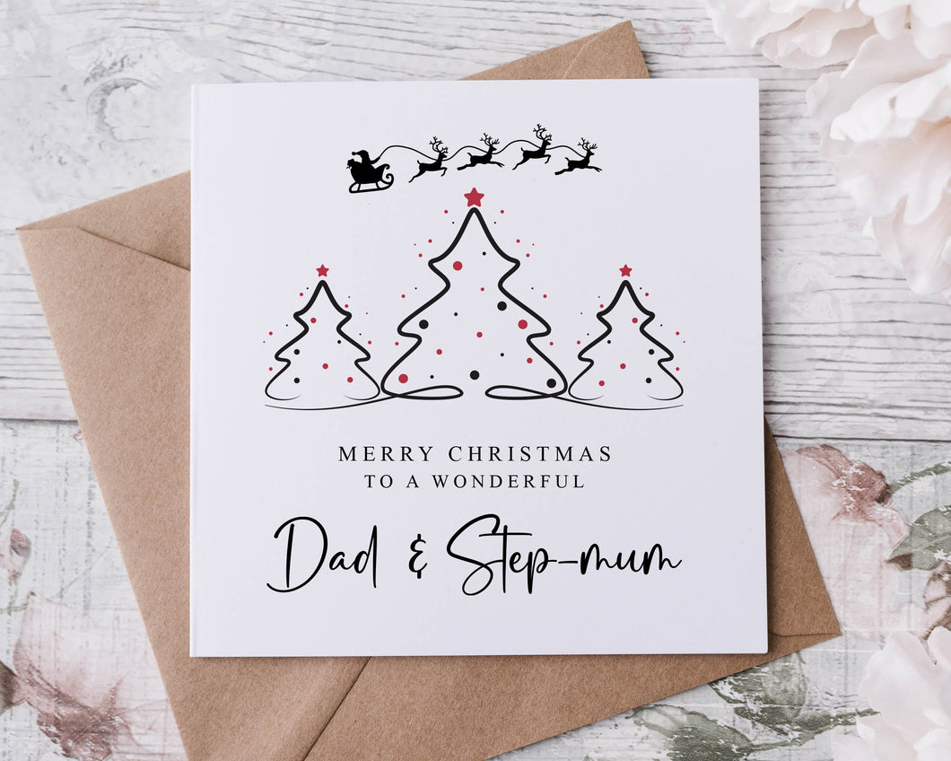 Christmas Card for Dad and Step-mum with Christmas Tree Design, Wonderful Dad and Step-mum Merry Christmas Greeting Card