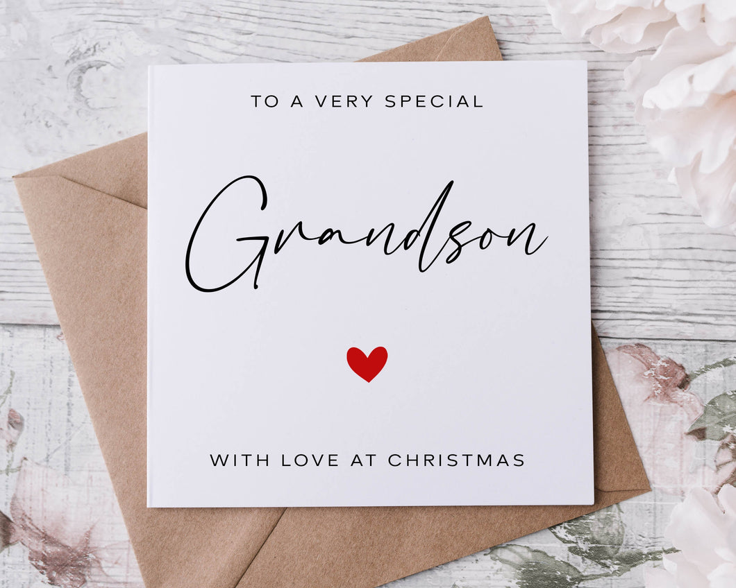 Christmas Card for Grandson with Red Heart, Simple, Minimal Merry Christmas Greeting Card With Love