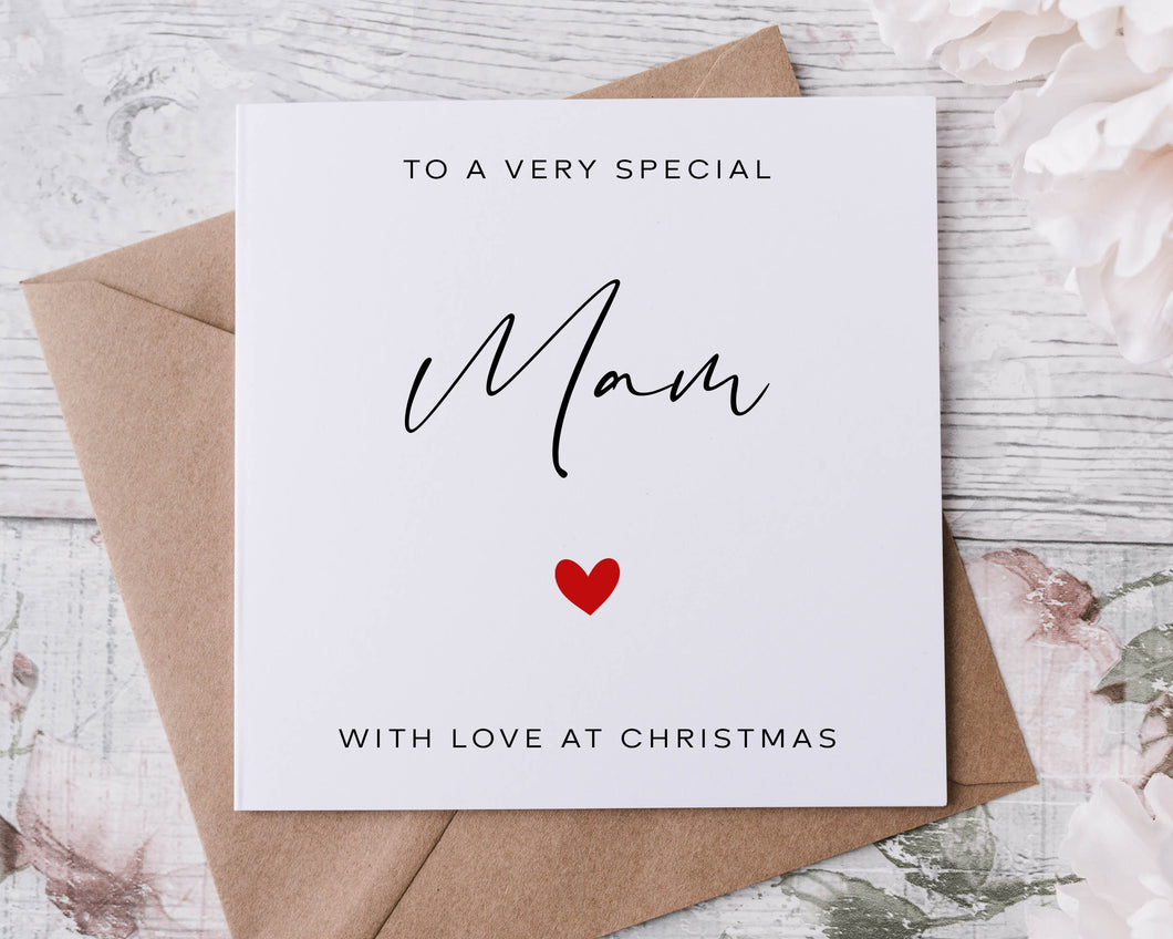 Christmas Card for Mam with Red Heart, Simple, Minimal Merry Christmas Greeting Card With Love, card for her